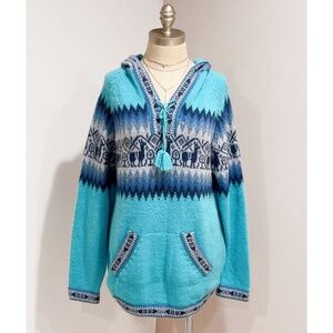 Alpaca Peru Handmade Blue Turquoise Little Llamas Hooded Sweater Size M/L